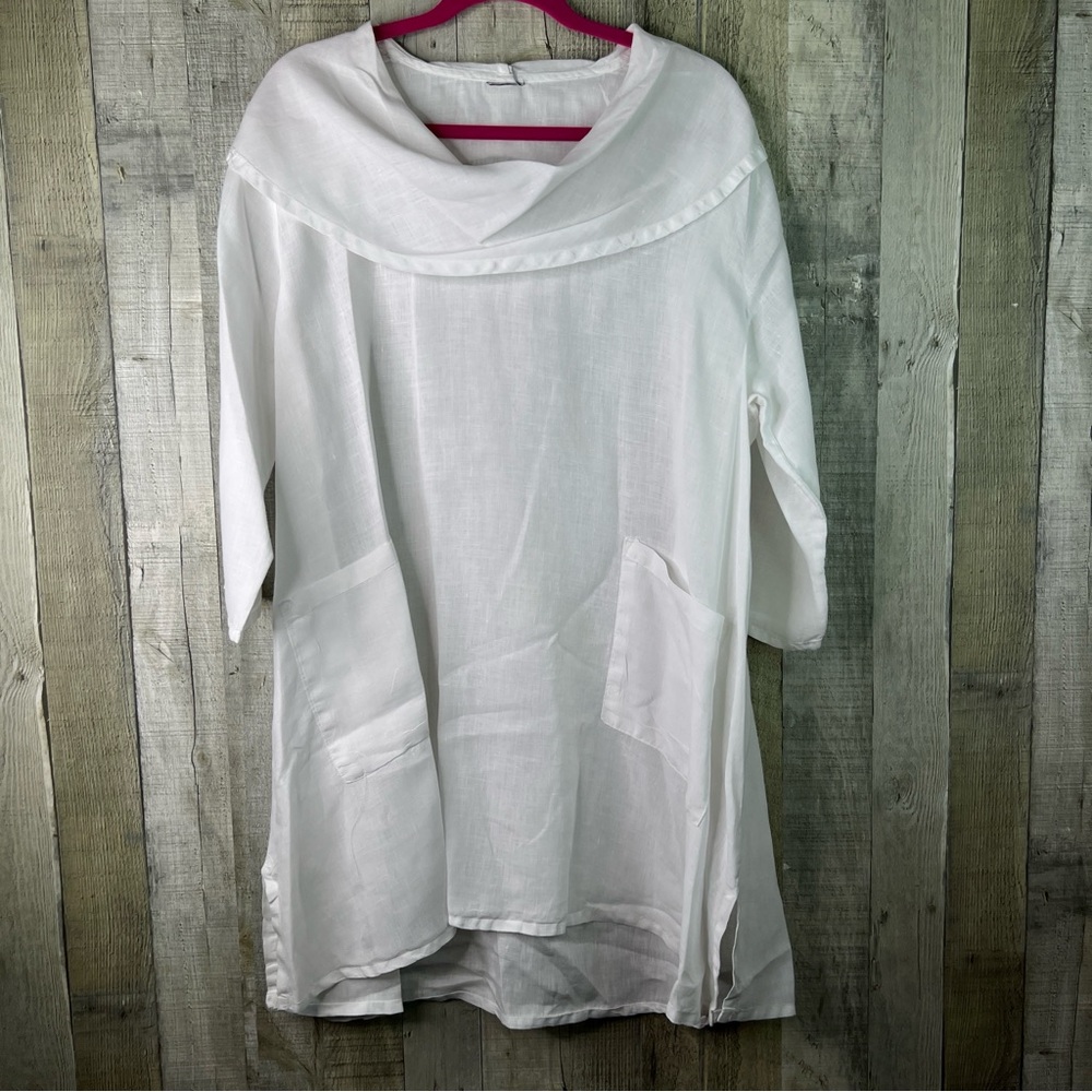 Match Point Linen XL White Bertha Collar 1/2 Sleeve Oversized Tunic W/Pockets